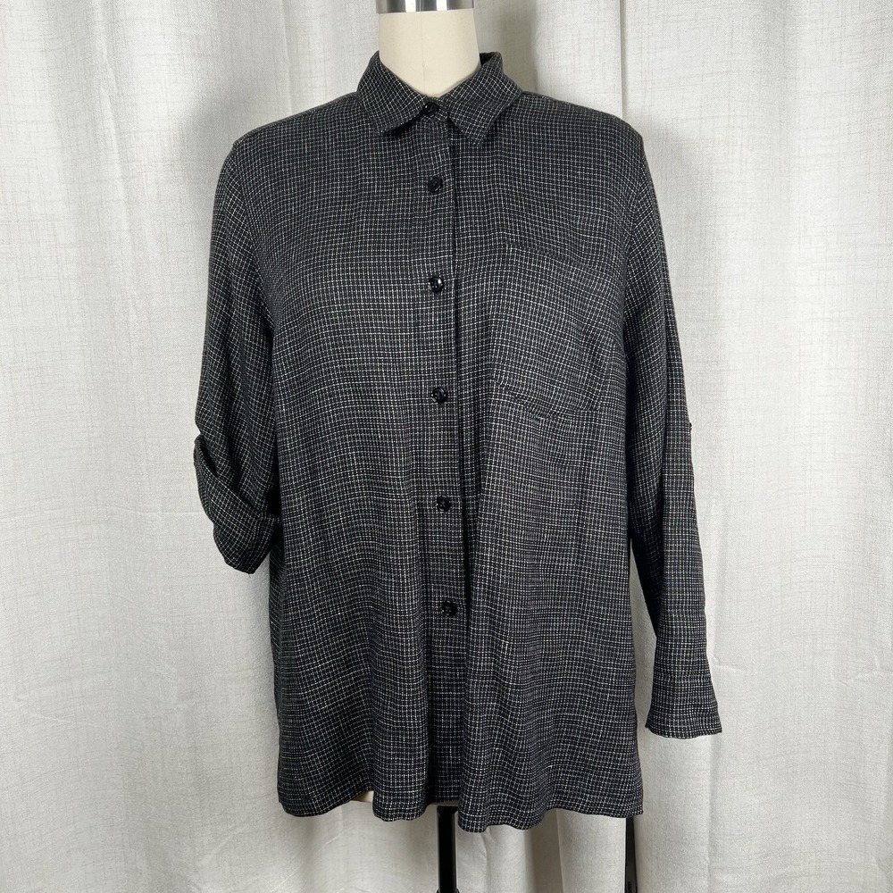 Lauren Ralph Lauren 100% Linen Micro Check Button Down Shirt Black Womens 14W